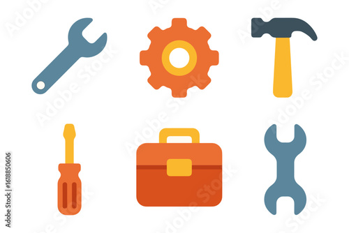Colorful toolbox icons featuring tools and gear on white background