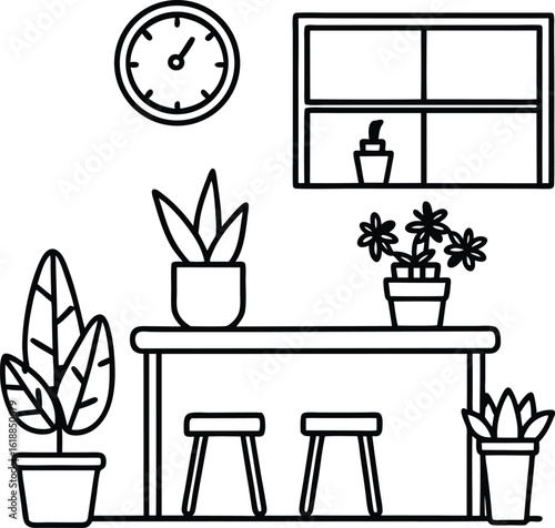 classroom with teacher's table plants and clock