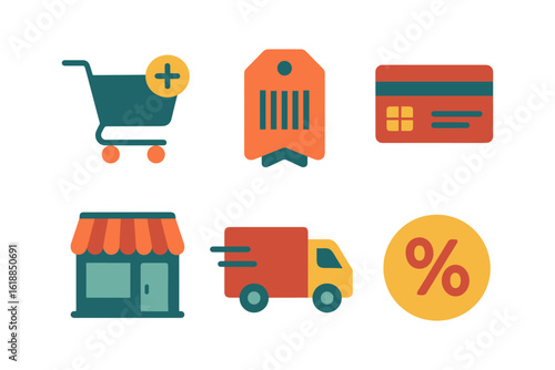 Colorful shopping and delivery icons for e-commerce and retail