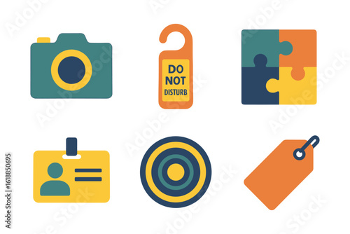 Colorful flat icons set with camera, do not disturb sign, puzzle, id badge, target, and tag