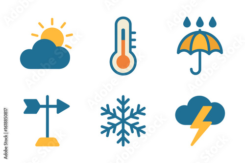 Colorful weather icons set featuring sun, thermometer, umbrella, wind, snowflake, and storm cloud
