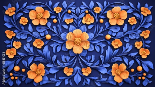 A vibrant floral design featuring orange flowers against a deep blue background, showcasing intricate details and patterns.