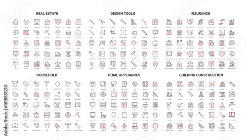 Comprehensive set of modern line icons for real estate, design tools, insurance, household, home appliances, and building construction isolated on white background vector illustration