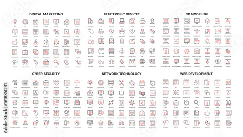 Comprehensive set of modern line icons covering digital marketing, electronic devices, 3D modeling, cyber security, network technology, and web development isolated vector illustration