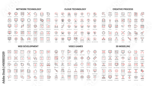 Comprehensive set of modern line icons covering network technology, cloud computing, creative process, web development, video games, and 3D modeling isolated on white background vector illustration