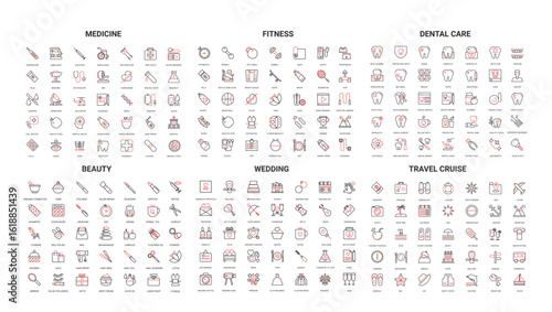 Comprehensive set of modern line icons for medicine, fitness, dental care, beauty, wedding, and travel cruise themes perfect for web, app, and print design isolated vector illustration