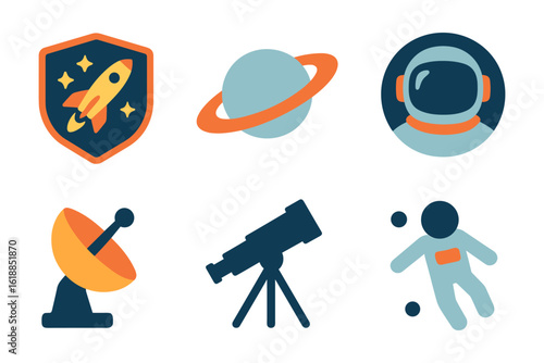 Colorful space exploration icons set with astronaut and telescope