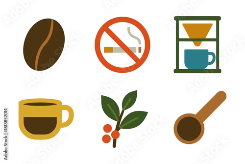 Coffee icons: beans, brewing, and no smoking symbols