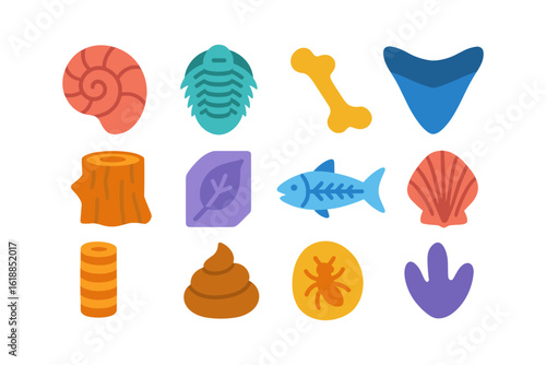 Colorful fossil and prehistoric element icons set for education and exploration themes