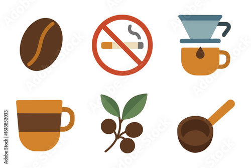 Coffee icons and no smoking sign in flat design