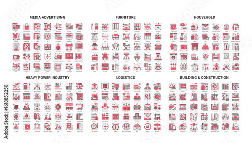 Comprehensive set of modern line icons covering media advertising, furniture, household, heavy power industry, logistics, building and construction isolated vector illustration