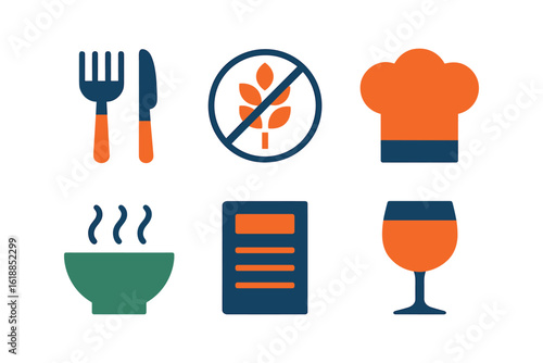 Restaurant icons: chef hat, utensils, gluten free, menu, wine glass, soup bowl