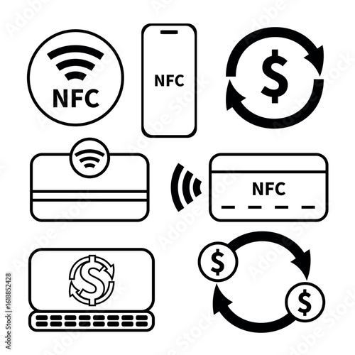 Icon set, outlines of near field communication in cartoon style. Vector illustration of graphic icons of contactless payment via smartphone, computer, isolated on white background. NFC technology.
