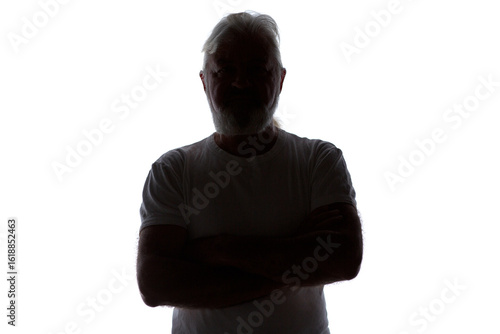 silhouette portrait of brutal elderly bearded man with hands on chest, male body figure on white background