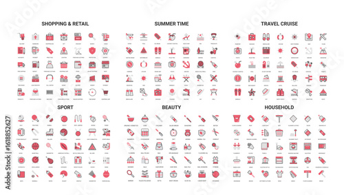 Comprehensive collection of modern line icons covering shopping, summer, travel, sport, beauty, and household themes perfect for web, app, and graphic design isolated vector illustration