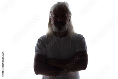 silhouette portrait of brutal elderly man with beard and long gray hair, male body figure on white isolated background