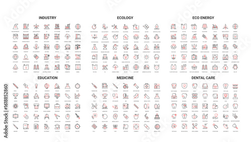 Comprehensive collection of modern line icons covering industry, ecology, eco energy, education, medicine, dental care for web, apps, infographics, presentations isolated vector illustration