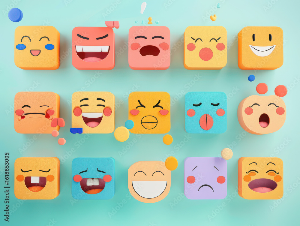 Fototapeta premium Colorful collection of square and round emotion faces on a light blue background surface design