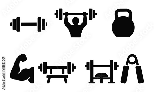 Fitness icon set: gym, dumbbells, kettlebell, barbell, hand grip, muscle silhouette
