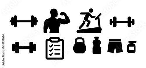 Fitness and gym icons: workout equipment, training, and exercise silhouettes