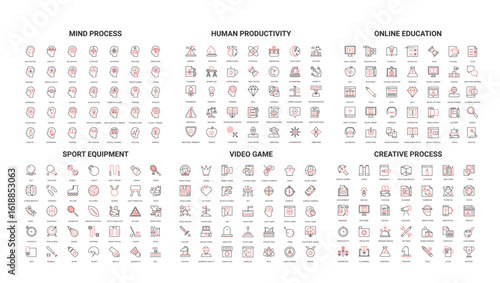Collection of modern line icons covering mind process, human productivity, online education, sport equipment, video game, creative process, isolated vector illustration