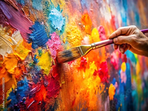 Hand with a brush applying colorful oil paint to a vintage canvas, creating a vibrant, textured artwork