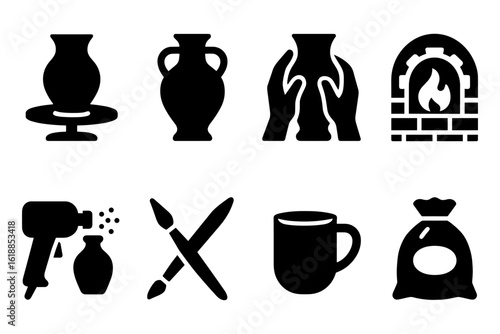 Pottery craft icons: silhouettes of ceramics, tools, and kiln elements