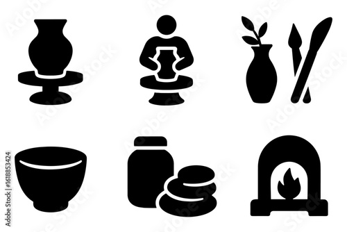 Silhouette icons of pottery and ceramics: crafting, tools, and kiln elements