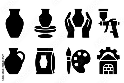 Pottery craft icons: silhouette style tools and techniques