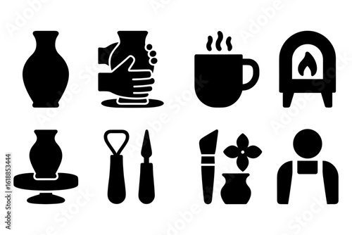 Ceramic craft icons: pottery, tools, and kiln silhouettes for art enthusiasts