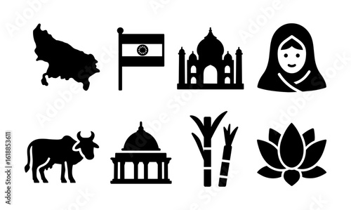 Silhouette icons of indian culture and landmarks: taj mahal, flag, lotus