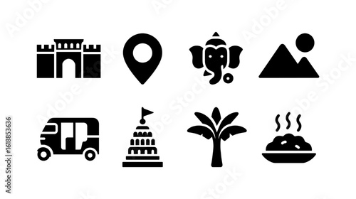 Indian culture icons in silhouette style - transport, landmarks, cuisine, nature