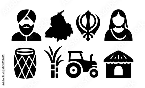 Punjabi cultural icons set featuring traditional symbols and elements in black silhouette style