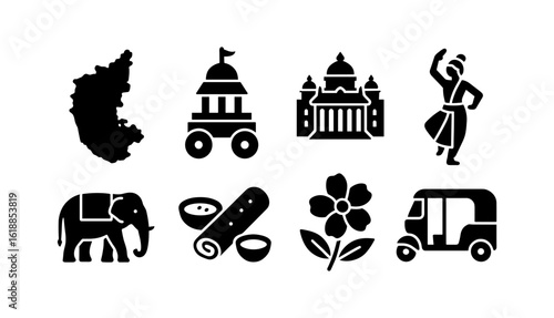 Karnataka cultural icons: silhouette of landmarks, dance, cuisine, and elephant