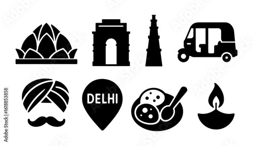 Indian culture icons: silhouette designs featuring famous landmarks and traditions