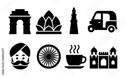 Silhouette icons of indian landmarks and culture featuring famous monuments and symbols