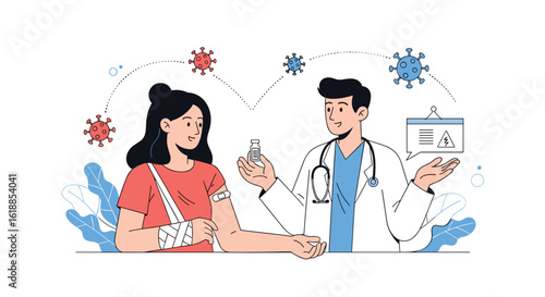 Doctor administering vaccine to patient recovering from illness with medical icons and viruses in the background
