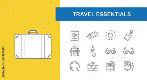 Line Art Illustration of Travel Essentials Featuring Suitcase, Passport, Ticket
