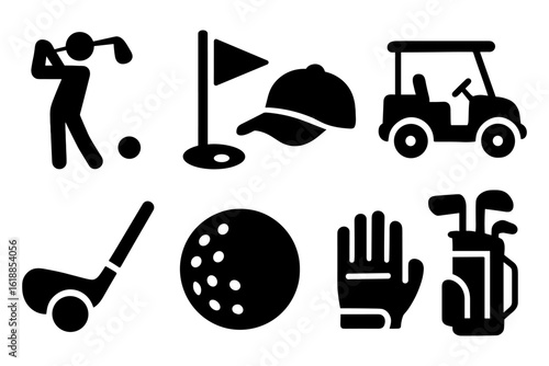 Silhouette golf icons set: clubs, cart, ball, tee, hat, glove