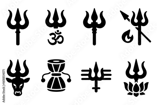 Trishula symbols set: sacred hindu iconography collection