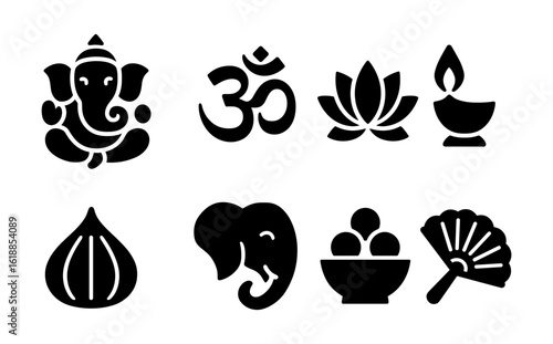 Traditional indian symbols silhouette: ganesha, om, lotus, and more