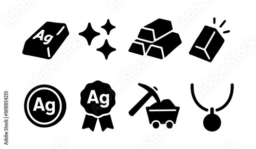 Silhouette collection of silver icons: bars, jewelry, mining tools, and more