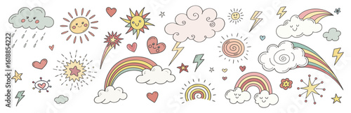 Doodle elements sheet kids style shapes, lightning bolts, clouds, hearts, sun, stars, rainbows, flowers abstract shapes
