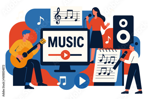Musical collaboration concept with digital elements and performers in flat design