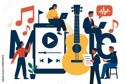 Music collaboration concept with digital devices and musicians in a modern flat design