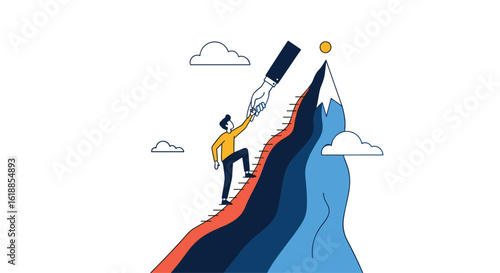 Reaching the summit a person climbs a mountain towards a golden goal at the peak