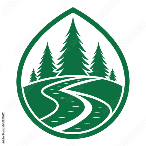 Green river winding through pine trees inside a droplet shape nature