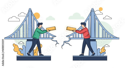 Two people on opposite sides of a broken bridge work to repair it, symbolizing collaboration and mending divides