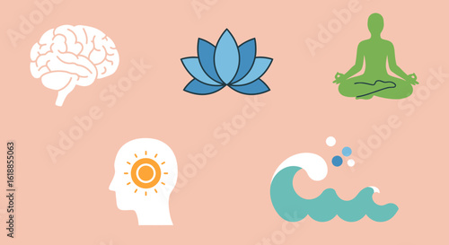Illustrative depiction of mindfulness, featuring a brain, lotus flower, meditating figure, and sun.