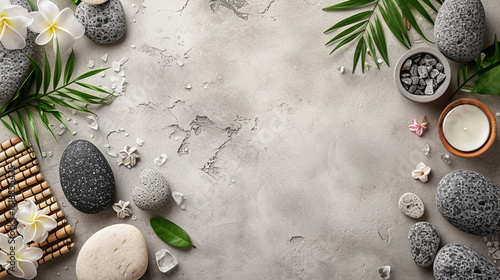 A background with massage stones, various relaxing leaves, and flowers for a spa